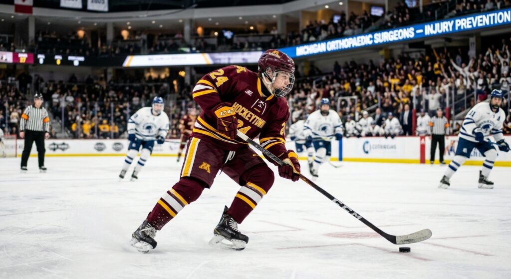 Competitive hockey player stickhandling the puck on an indoor rink, emphasizing sports injury prevention and orthopedic care.