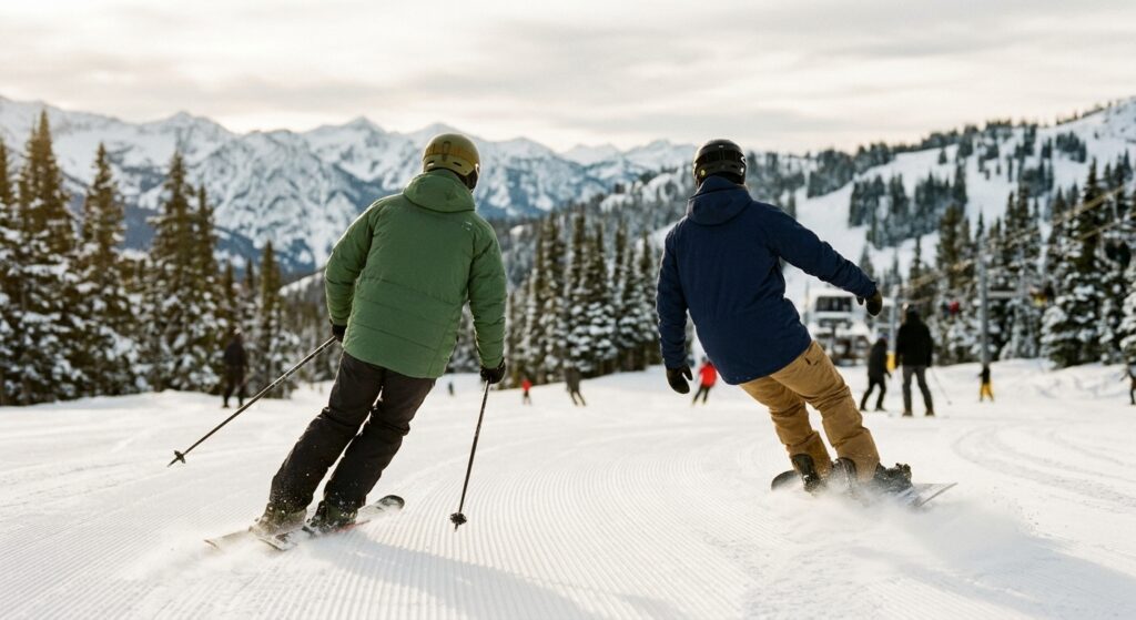 Skier and snowboarder carving down a snowy mountain slope.