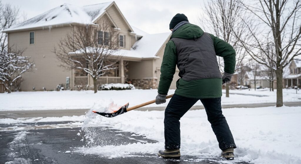Person clearing snow with a shovel on a winter day.